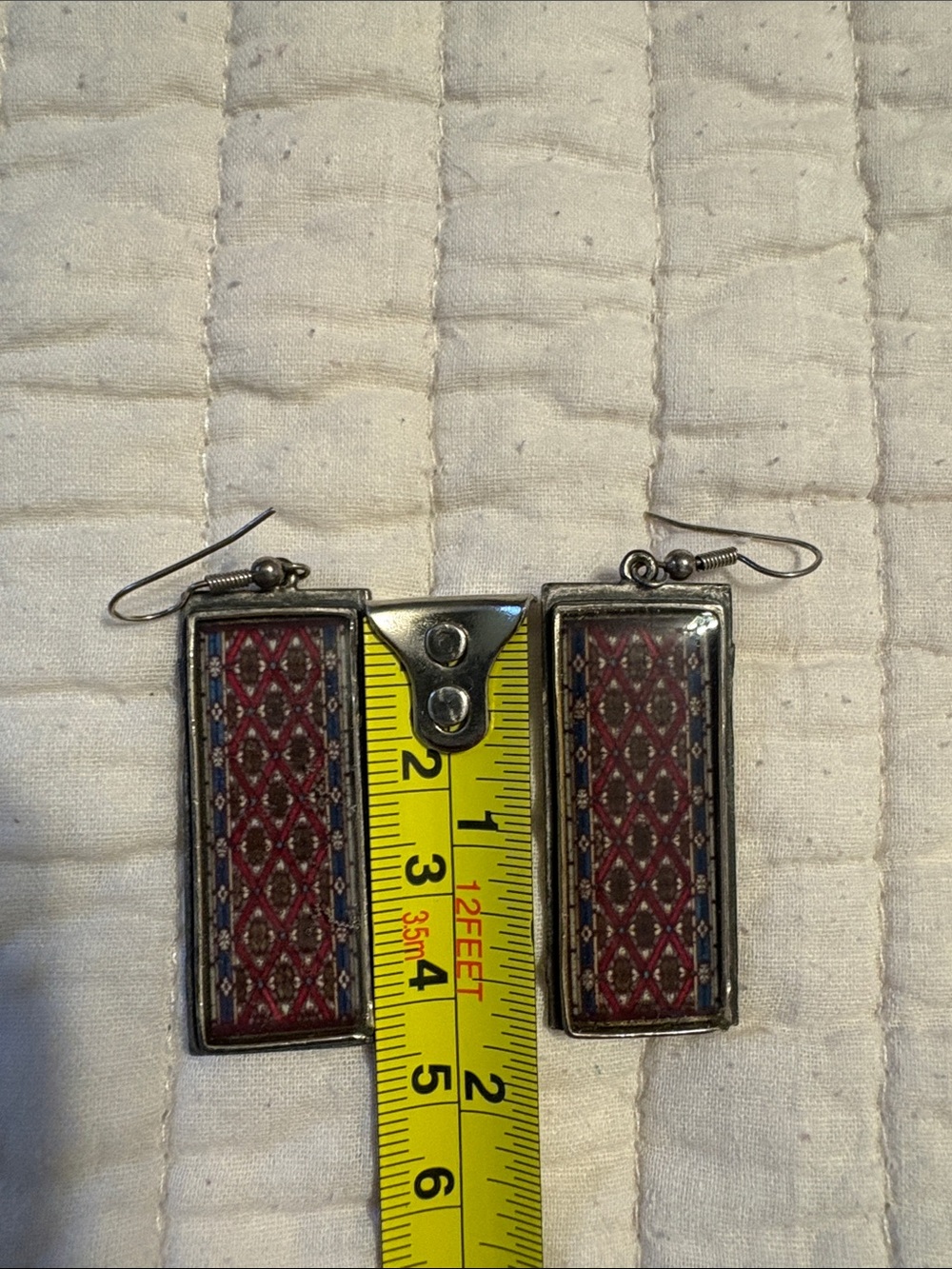 Rectangular Patterned Drop Earrings in Deep Red and Blue - Picture 4 of 5